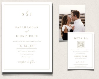 Wedding Invitation Template, Fully Editable, Printable Invite, QR Code RSVP Card, Canva Wedding Template Customizable