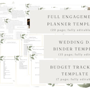 PACKAGED Wedding Day Binder Template, Full Engagement Planner Template, AND Budget Tracking Template, 42 pages, editable, Instant Download image 1