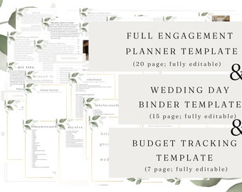 Plantilla de carpeta del día de la boda EMPAQUETADA, plantilla de planificador de compromiso completo y plantilla de seguimiento de presupuesto, 42 páginas, editable, descarga instantánea
