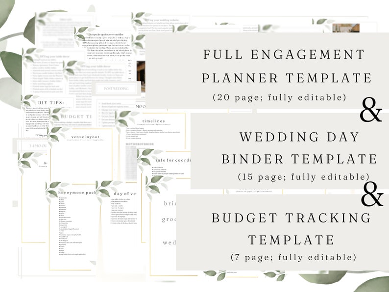 PACKAGED Wedding Day Binder Template, Full Engagement Planner Template, AND Budget Tracking Template, 42 pages, editable, Instant Download image 1