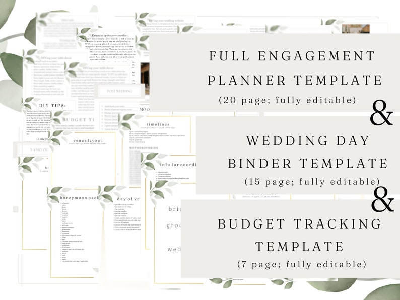 Modello di raccoglitore per il giorno del matrimonio CONFEZIONATO, modello di pianificazione del coinvolgimento completo e modello di monitoraggio del budget, 42 pagine, modificabile, download istantaneo immagine 1