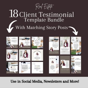 Kunden-Testimonial-Immobilien-Bundle - 18 INSTANT DOWNLOAD-Vorlagen mit passender Instagram-Story, KOSTENLOS bearbeiten in Canva, Marketing, Bewertungen