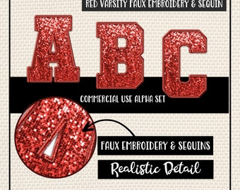 Faux Embroidered Sequin Letters Png Alphabet Set, Red Sequin Letters, Stitched Alpha Set, Varsity Letters, Christmas Digital Download