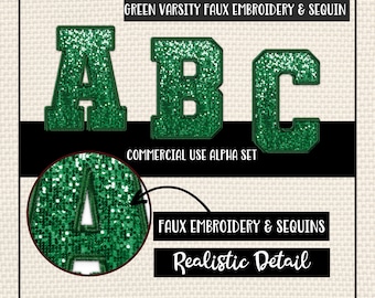 Faux Embroidered Sequin Letters Png Alphabet Set, Green Sequin Letters, Stitched Alpha Set, Varsity Letters, Christmas Digital Download