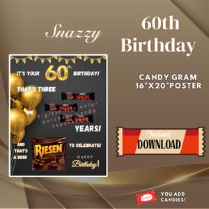 Pôster de barra de chocolate para impressão de 60º aniversário, faça você mesmo, cartão de aniversário de 60 anos com idade positiva, cartão de felicitações de doces para idosos de 60 anos, placa de chocolate
