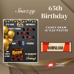 Cartaz de barra de chocolate para impressão de 65º aniversário, faça você mesmo, cartão de aniversário de 65 anos com idade positiva, cartão de felicitações de doces para idosos de 65 anos, placa de chocolate