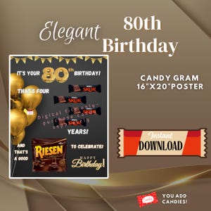 Printable 80th Birthday Candy Bar Poster DIY Candy Gram Age Positive 80th Birthday Card Candy Greeting Card for 80 year old Chocolate Board