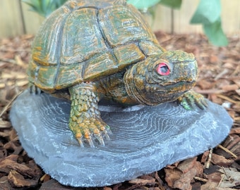 Eastern Box Turtle garden statue - solid cement - actual full sized turtle - realistic and detailed - with Hide-A-Key hole in the bottom.