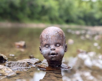 Two Creepy Baby Head Statues - Solid Cement Statue - Homemade - hand painted- Garden Statue - Lawn Ornament. Optional pedestal block.