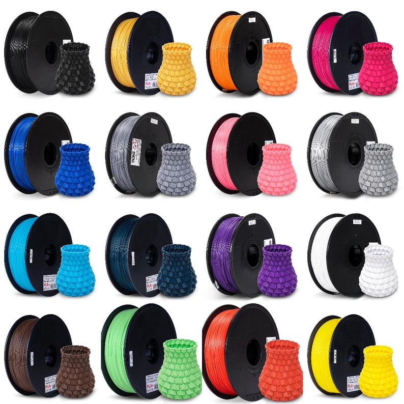 May include: A collection of 3D printing filament spools in various colors, including black, yellow, orange, pink, blue, gray, and white. Each spool is paired with a matching, textured vase. The spools are on a white background.