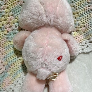 Puede incluir: Oso de peluche rosa con un coraz&oacute;n rojo en el vientre. El oso est&aacute; sentado en una manta de ganchillo.