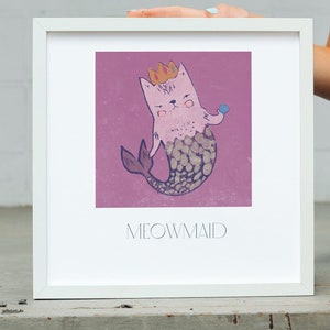 Mermaid Cat Art Print Original Fantasy Little Mercat Print Wall Art Girls Cute Nursery Home Decor PurrMaid Wall Art Nautical Print Cat Lover