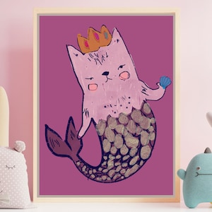 Cat Mermaid Art Print Meowmaid Instant Download Bold Pink Fantasy Wall Art Girl Nursery Wall Decor Nautical Purrmaid Lover Baby Shower Gift