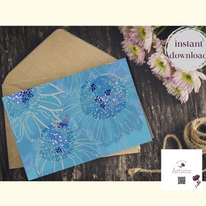 Tarjeta de felicitación con flores silvestres, imprimible, azul, en blanco, bellas artes, para mamá, mejor amiga, cumpleaños, mejor amiga, agradecimiento, último minuto, descarga instantánea, tarjeta de condolencias