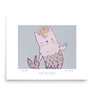 Pink Purrmaid Art Print Original Meowmaid Wall Art Mermaid Kids Bedroom Fantasy Print Bathroom Decor Girls Nautical Nursery Wall Decor Print