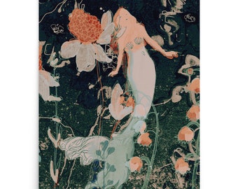Art Nouveau Floral Mermaid Girls Bohemian Wall Art Fantasy Art Print Original Boho Mermaidcore Art Mythical Ocean Lover Poster Teen Bedroom