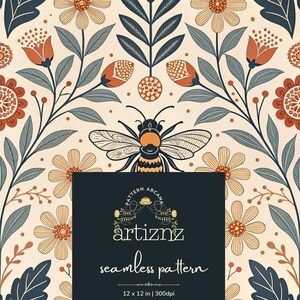May include: Seamless pattern design featuring a bee and floral elements in shades of orange, blue, and cream. The design includes stylized flowers, leaves, and a bee. The pattern is 12 x 12 inches.
