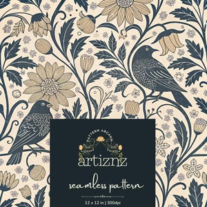 May include: Seamless pattern featuring birds, flowers, and foliage in a vintage style. The design includes birds perched on branches, surrounded by stylized flowers and leaves in shades of beige, navy, and tan. The text "artiznz seamless pattern" is displayed.