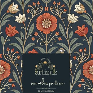 May include: A seamless floral pattern design featuring stylized flowers in shades of orange, cream, and green against a dark blue background. The design includes the text "artiznz seamless pattern" and measures 12 x 12 inches.