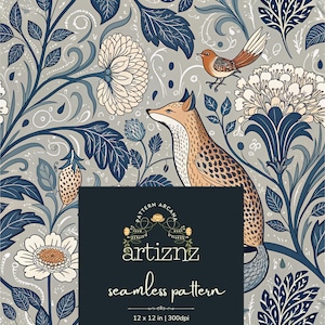 May include: Seamless pattern design featuring a fox, bird, and floral elements in shades of blue, cream, and brown on a gray background. The design includes the text "artiznz seamless pattern" and measures 12 x 12 inches.