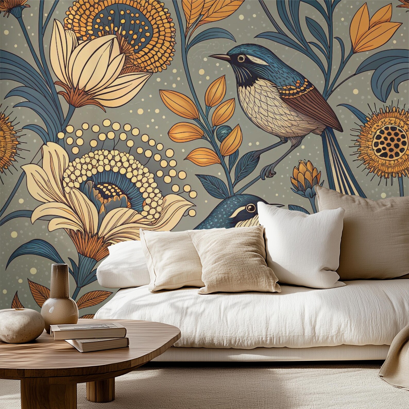 Vienna Secession Fairywren Seamless Pattern Patina Blue & Mustard ...