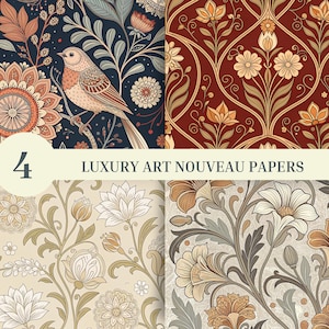 May include: Four Art Nouveau-style patterned papers. One features a bird perched on a branch, another has floral designs on a burgundy background. The text "LUXURY ART NOUVEAU PAPERS" is displayed.