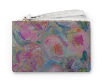 Eco Friendly Vegan Leather Floral Custom Clutch Bag, Pink Floral Wristlet Clutch Bag, Saffiano Pattern