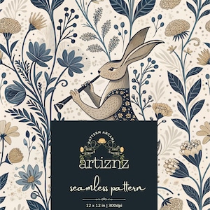 May include: A seamless pattern design featuring a rabbit playing a flute, surrounded by stylized flowers and foliage in shades of blue, beige, and tan. The design includes the text "artiznz seamless pattern" and the dimensions 12 x 12 inches.