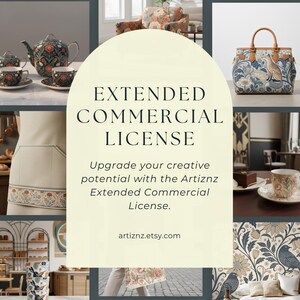 Puede incluir: Imagen que muestra varios artículos de decoración del hogar con estampados florales, incluyendo un juego de té, un bolso y un delantal. El texto dice "EXTENDED COMMERCIAL LICENSE" y promociona la Licencia Comercial Extendida Artiznz.