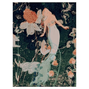 Vintage Meerjungfrau druckbare Blumen Küsten Wand Kunst Poster ästhetische feminine Strand Haus Dekor niedlich Beachy Fantasy Liebhaber digitaler Download