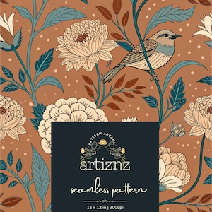 May include: A seamless pattern design featuring a bird perched on a branch amidst large cream-colored flowers and teal leaves, set against a warm brown background. The design includes the text "artiznz seamless pattern" and the dimensions 12 x 12 in.