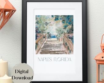 Peut inclure: Une peinture à l'aquarelle d'un escalier menant à une plage à Naples, en Floride. L'escalier est entouré d'une végétation luxuriante et l'océan est visible au loin.