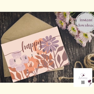 Cartão de aniversário para impressão Cartão de feliz aniversário floral moderno Cartão digital para impressão para ela Download instantâneo Melhor amiga Presente minimalista para mãe
