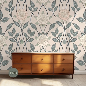 May include: A wooden dresser with six drawers sits in front of a floral wallpaper. The wallpaper features a repeating pattern of roses in shades of white and pink, with green leaves and dark blue stems. The dresser is made of wood with a warm, brown finish.
