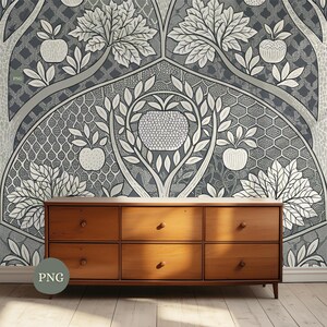 May include: A wooden dresser with six drawers sits in front of a wallpaper design featuring stylized trees and apples in shades of gray and white. The wallpaper has a detailed, repeating pattern with a vintage aesthetic.