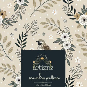 May include: Seamless pattern design featuring a bird, flowers, and foliage in neutral tones. The design includes white, brown, and green elements on a beige background. The text "artiznz seamless pattern" is displayed on a dark blue square. The pattern is 12 x 12 inches.