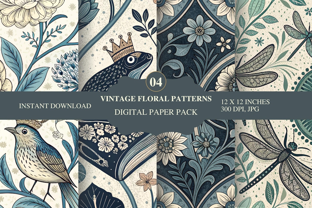 Vintage Botanical Digital Paper Pack 12x12 – Blue Floral Seamless ...
