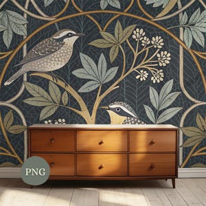 May include: A wooden dresser with six drawers sits in front of a wallpaper featuring birds, leaves, and branches in shades of gray, green, and gold against a dark blue background. The wallpaper has a repeating pattern. The word "PNG" is in a circle in the lower left corner.
