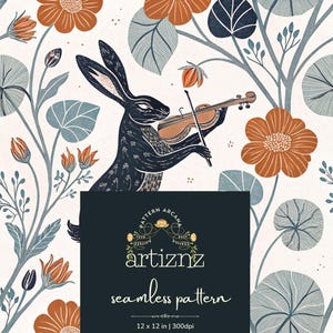 Patrón sin costuras de conejo tocando el violín, Secesión vienesa, archivo de linograbado, arte popular, pátina azul medianoche, diseño floral, 300 DPI, uso comercial