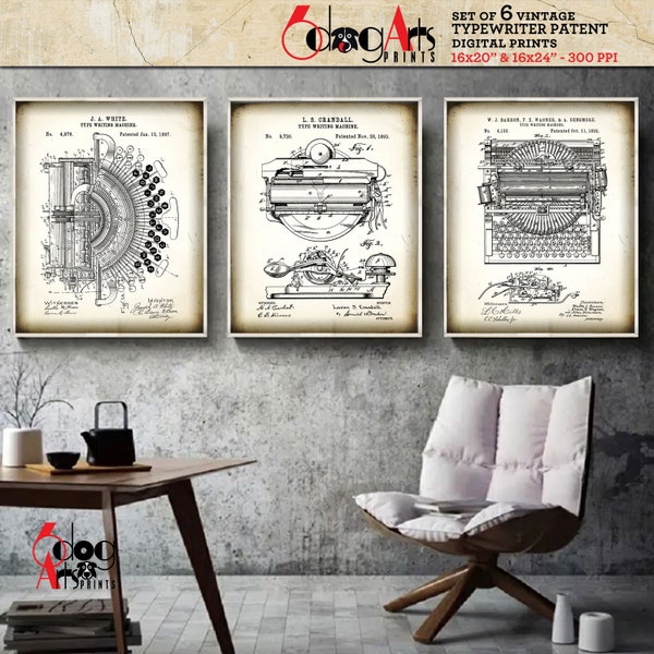 Vintage Typewriter Patent (Set of 6) Drawings Downloadable Digital Prints 16"x20" (8x10) / 16"x24" (8x12)Blueprint Art for Wall Decor JP-34b