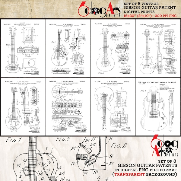 PNG on transparent background Gibson Guitar Patent (Set of 8) Drawings - Download Digital Prints 16"x20" & 8"x10" - JP-88