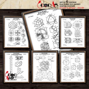 Może przedstawiać: Zestaw sześciu czarno-białych cyfrowych plakatów vintage z rysunkami patentowymi do kostki Rubika. Plakaty mają wymiary 40,6 cm x 50,8 cm i 40,6 cm x 61 cm. Plakaty mają rozdzielczość 300 pikseli na cal.