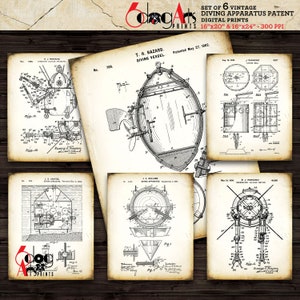 Pode incluir: Conjunto de seis impressões vintage de patentes de aparelhos de mergulho. As impressões são desenhos de linha em preto e branco sobre um fundo bege. As impressões medem 40,64 cm x 50,8 cm e 40,64 cm x 60,96 cm e 300 PPP.