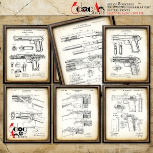 Puede incluir: Conjunto de seis impresiones vintage de patentes de armas de fuego en blanco y negro. Las impresiones presentan dibujos de diferentes armas de fuego, incluyendo una pistola, un rifle y una escopeta. Cada impresión incluye el título "J.M. Browning" y la fecha de la patente. Las impresiones están enmarcadas en un marco de madera marrón rústico.