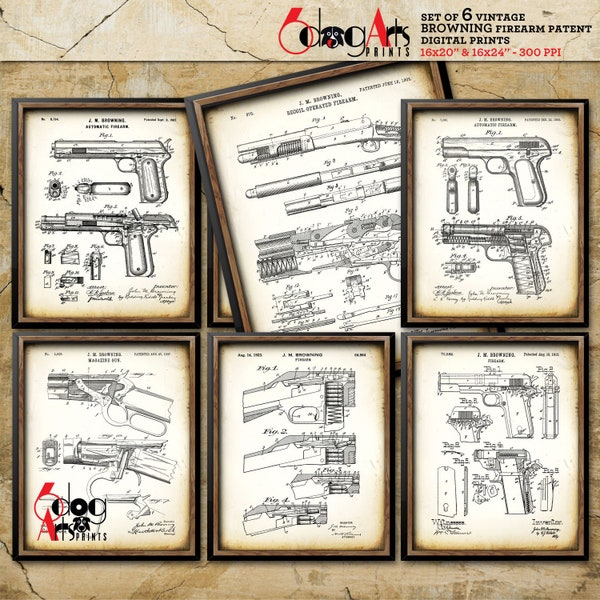 Firearm Patent Print /Set of 6/ Pistol Gun Riffle Digital Prints, Gift for Police, Military, Man Cave Wall Art Download - JP-73b