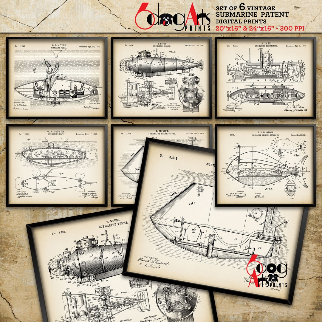Vintage Submarine Patent Prints (set of 6) - Nautical Blueprint Art ...