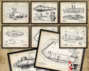 Vintage Submarine (Set of 6) Patent Drawings Downloadable Digital Prints 20&quot;x16&quot;, 24&quot;x16&quot; Blueprint Art for Wall Decor - JP-44a