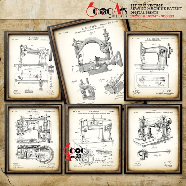 Antique Sewing Machine (Set of 6) Patent Digital Prints 16"x20" (8x10) / 16"x24" (8x12) Blueprint Art Wall Decor Download - JP-111b