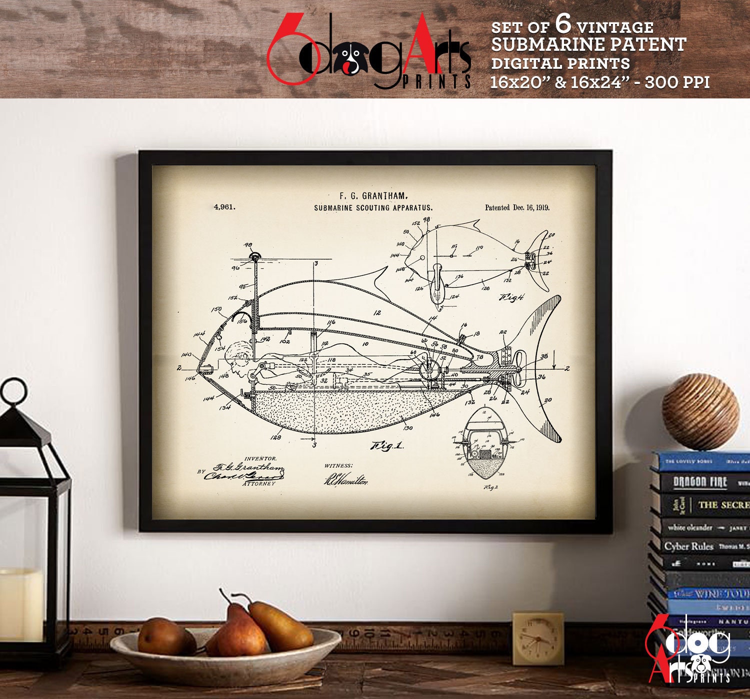 Vintage Submarine Patent Prints (set of 6) - Nautical Blueprint Art ...