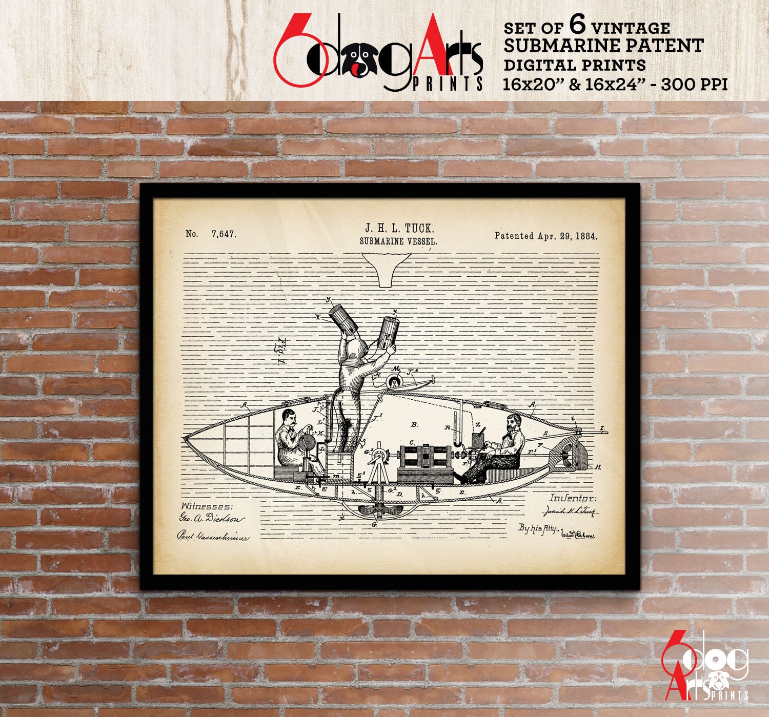 Vintage Submarine Patent Prints (set of 6) - Nautical Blueprint Art ...